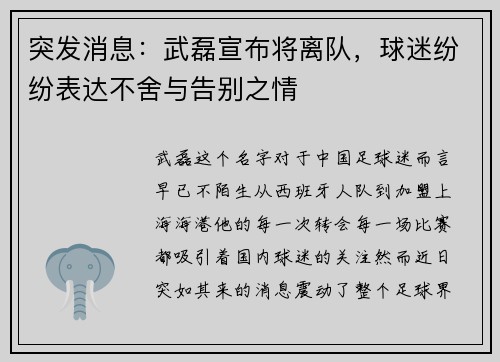突发消息：武磊宣布将离队，球迷纷纷表达不舍与告别之情