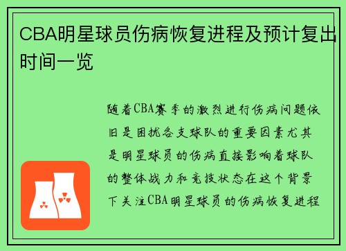 CBA明星球员伤病恢复进程及预计复出时间一览