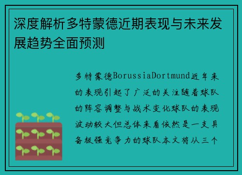 深度解析多特蒙德近期表现与未来发展趋势全面预测